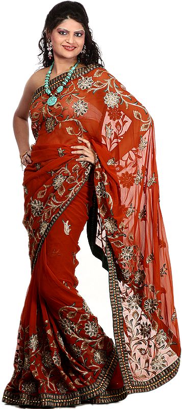 Bombay-Brown Designer Sari with Golden Thread Embroidered Flowers, Beads and Patch Border