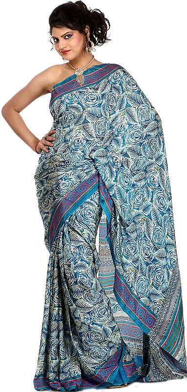 Vivid-Blue Suryani Sari from Mysore with Printed Floral Leaves