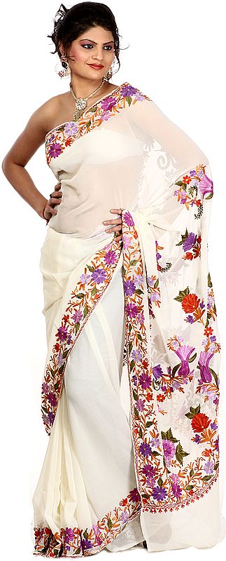 Ivory Sari from Kashmir with Aari Embroidered Flowers on Border and Aanchal