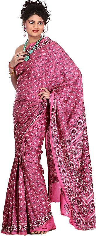 Aurora-Rose Sari with Kantha Stitched Embroidered Flowers All-Over