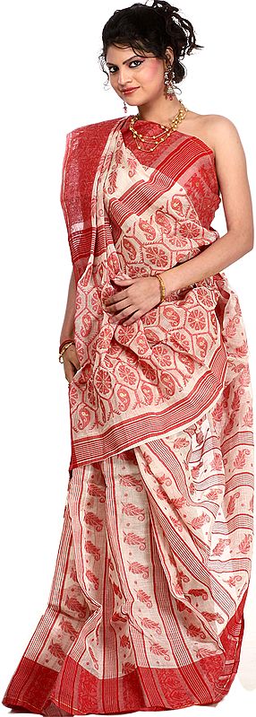 Ivory and Red Handwoven Dhakai Sari from Kolkata with Hand-woven Paisleys and Flowers