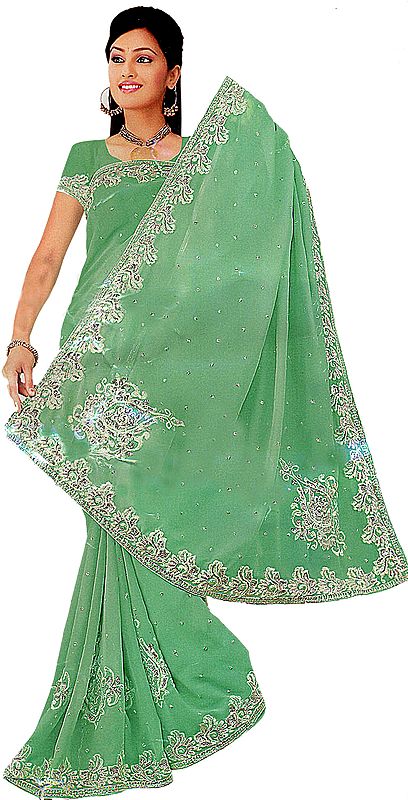 Cabbage-Green Designer Sari with All-Over Metallic Thread Embroidery and Sequins