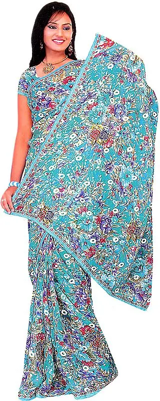 Multi-Color Sari with Embroidered Flowers and Sequins