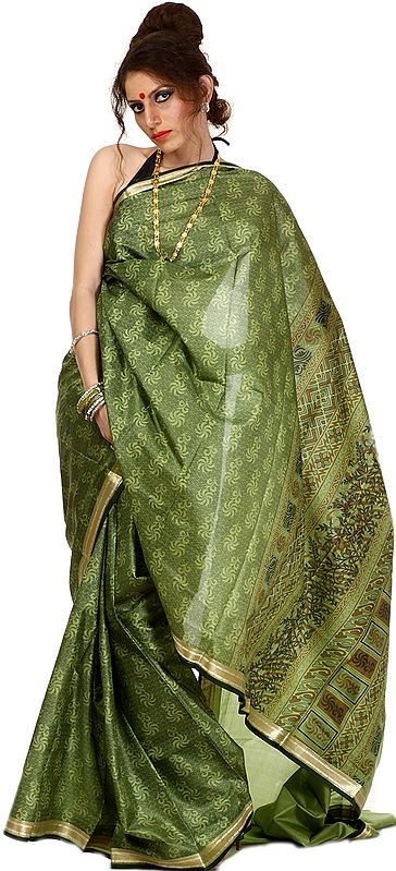 Green Suryani Printed Sari with Golden Woven Border