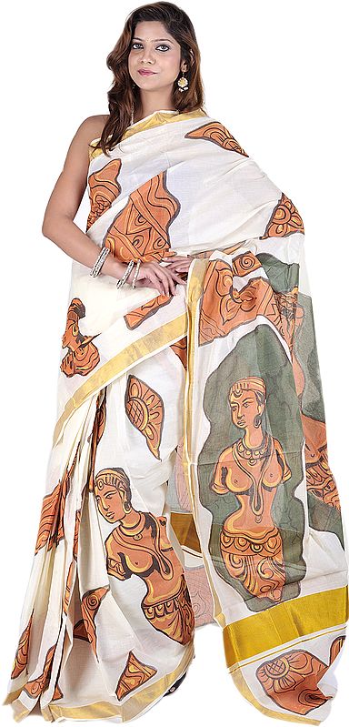 Ivory Hand-Painted Ajanta Sari from Bihar