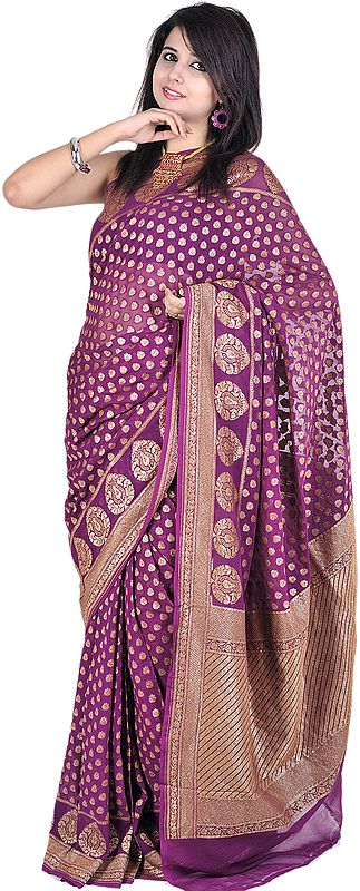 Royal Purple Banarasi Handloom Sari with All-Over Woven Bootis and Brocaded Aanchal
