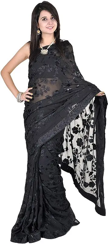 Phantom-Black Designer Sari with All-Over Thread Embroidery and Floral Patch Border