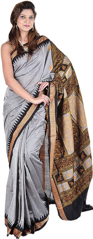 Neutral Gray and Black Bomkai Sari from Orissa with Temple Border and Hand-woven Birds
