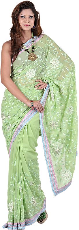 Zephyr-Green Sari with Embroidered Flowers in Self and Contrasting Patch Border