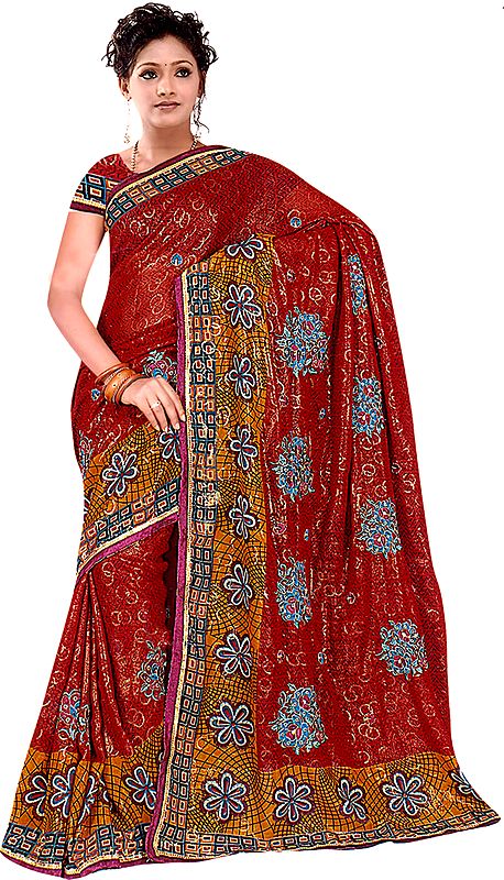 Jester-Red Sari with Crewel Embroidered Flowers and Gota Border