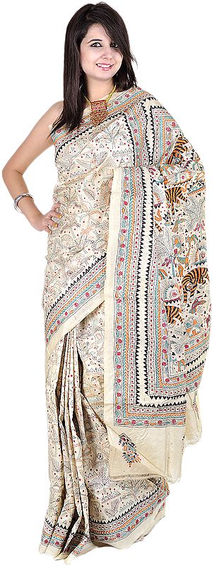 Beige Kantha Sari with Hand Embroidered Birds and Tigers