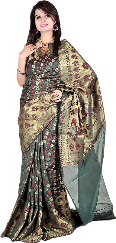 Pine-Green Banarasi Sari with All-Over Woven Flowers and Brocaded Aanchal