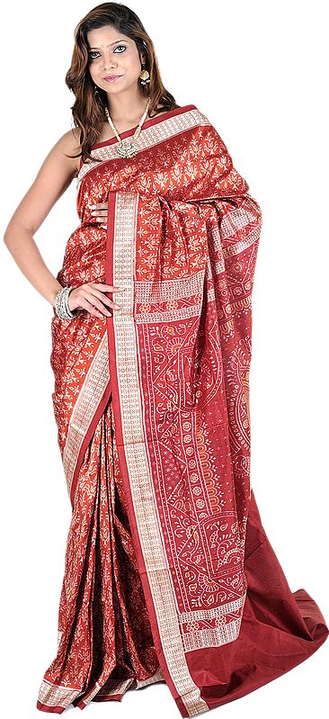 Autumn Glaze-Red Sambhalpuri Sari from Orissa with Ikat Weave and Auspicious Motifs