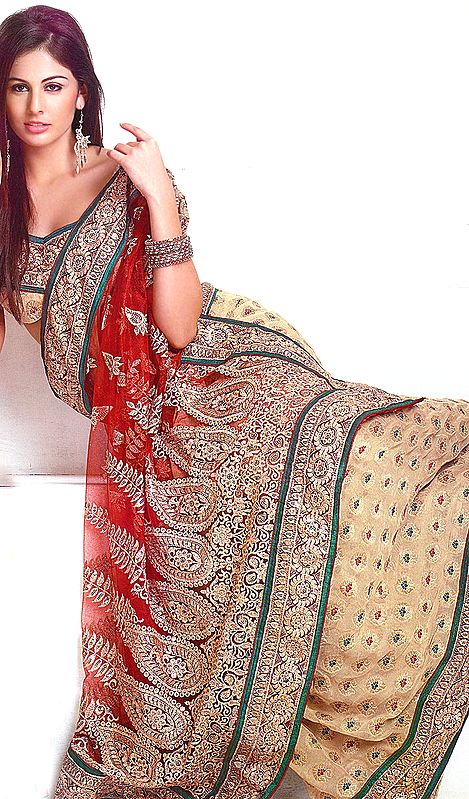 True Red Wedding Sari with All-Over Zardozi Work and Patch Border