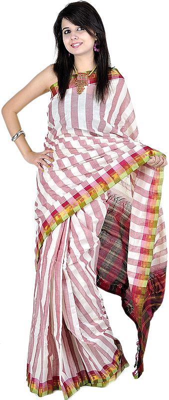 Ivory and Mauve Gadwal Handloom Sari with Zari Border and Woven Stripes