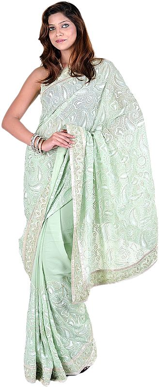 Dusty-Jade Green Designer Sari with All-Over Thread Embroidery and Sequins