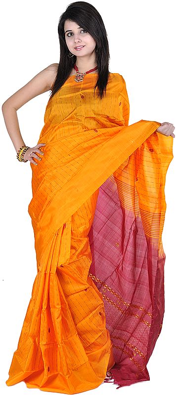 Amber and Burgundy Sari from Tamil Nadu with All-Over Woven Bootis