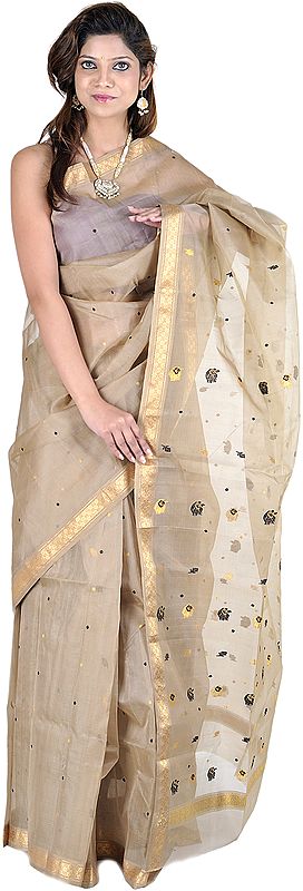 Pale-Brown Chanderi Sari from Madhya Pradesh with All-Over Woven Bootis and Golden Border