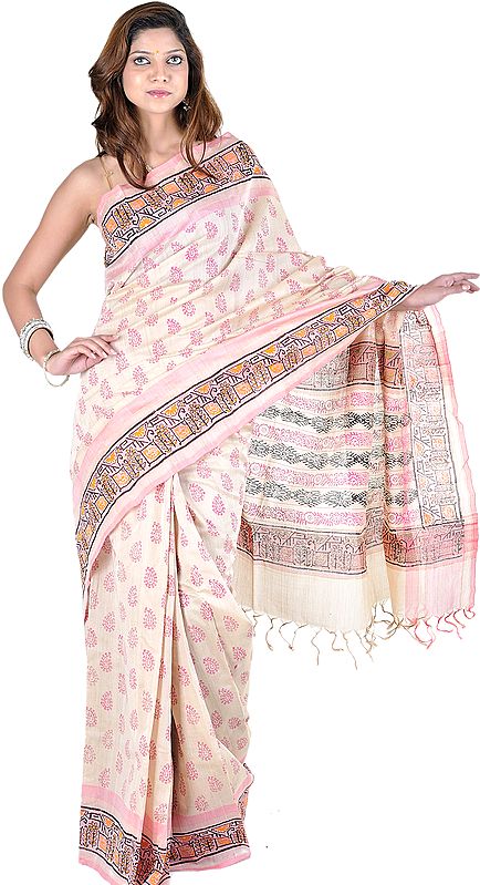 Beige Block-Printed Narayanpet Sari from Hyderabad with Painted Aanchal