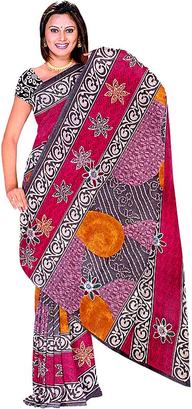 Purple and Black Printed Sari with Embroidered Flowers