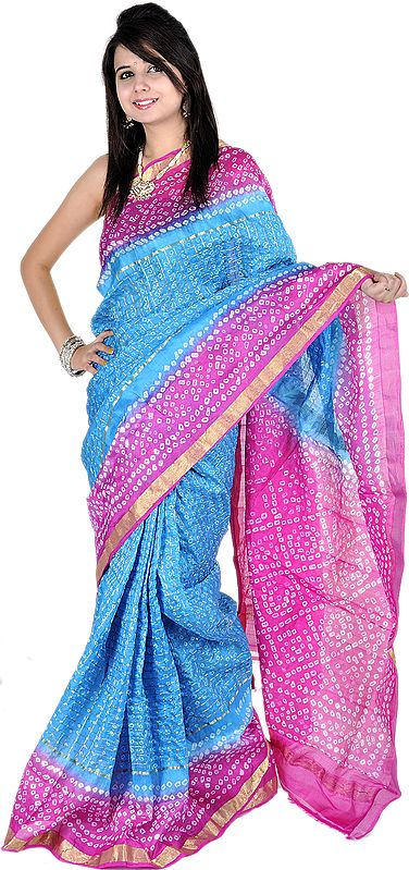 Swedish-Blue and Fuchsia Bandhani Tie-Dye Gharchola Sari from Gujrat with Golden Thread Weave