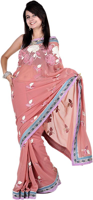 Canyon Rose-Pink Sari with Metallic Thread Embroidered Flowers and Patch Border