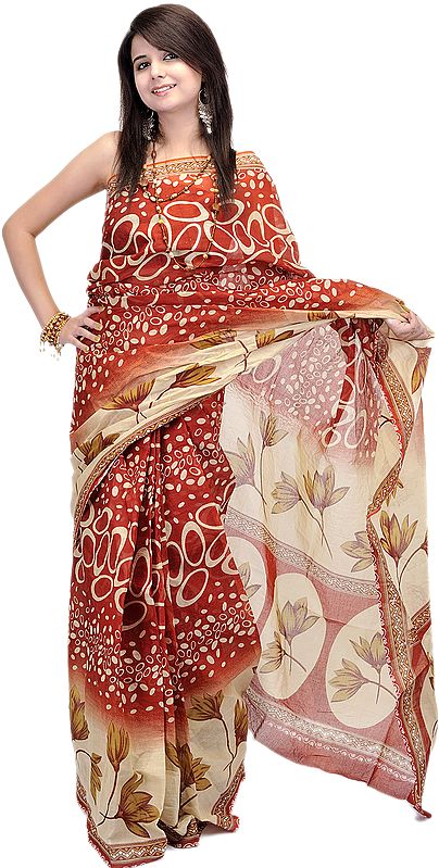 Red-Ochre and Beige Sari with Printed Ovals and Flowers