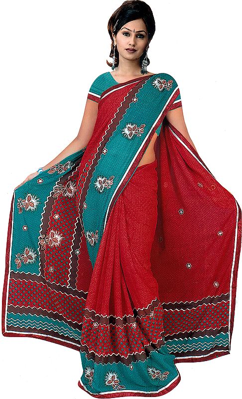 Scarlet-Red and Green Sari with Printed Polka dots and Thread Embroidered Flowers