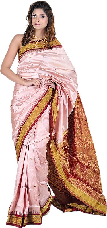 Spanish Villa-Pink Bomkai Sari from Orissa with Woven Bootis and Tissue Anchal