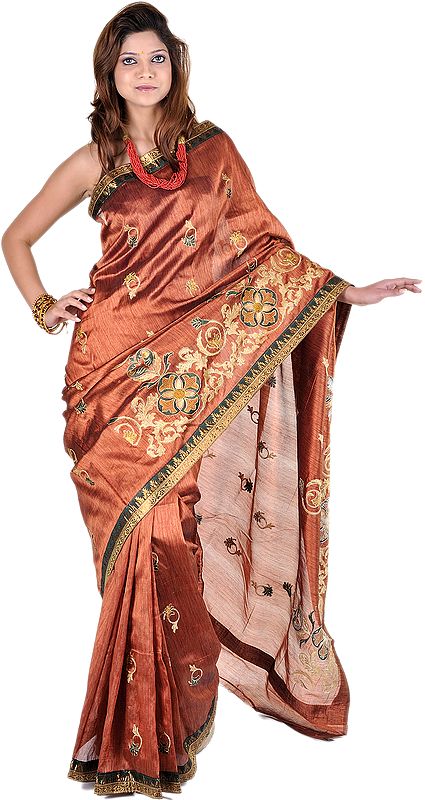 Arabian Spice-Brown Banarasi Sari with All-Over Metallic Thread Embroidered Motifs and Gota Border