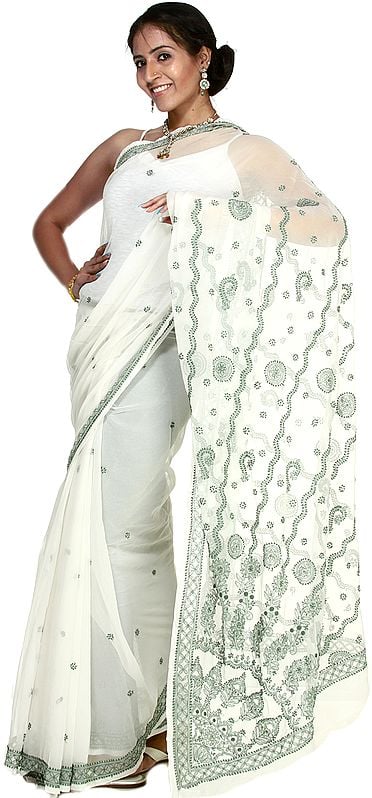 Chic-White Sari with Lukhnavi Chikan Embroidered Flowers