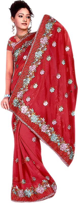 True-Red Sari with Crewel Embroidered Flowers
