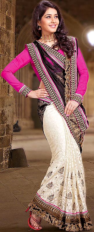 Black and Ivory Designer Sari with Metallic Thread Embroidery and Fuchsia Blouse
