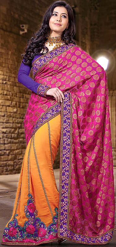 Hot-Pink and Amber Wedding Patli Sari with Woven Bootis and Embroidered Border