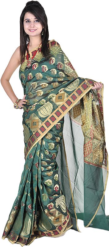 Bottle-Green Banarasi Sari with All-Over Woven Bootis and Brocaded Aanchal