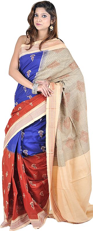 Blue and Rust Bomkai Sari from Orissa with Hand-woven Boootis and Rudrakhsha Border