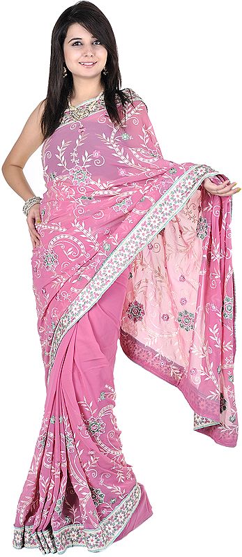 Dusty-Rose Sari with All-Over Aari Embroidery and Patch Border