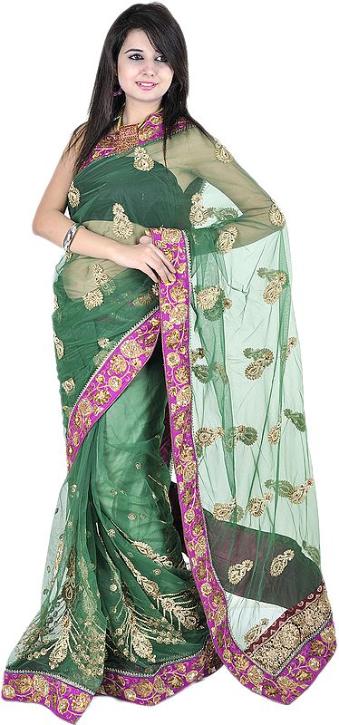 Pasture-Green Sari with All-Over Aari Embroidered Bootis and Patch Border