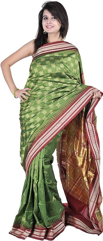Vineyard-Green Bomkai Sari from Orissa with Woven Bootis and Box Weave on Pallu