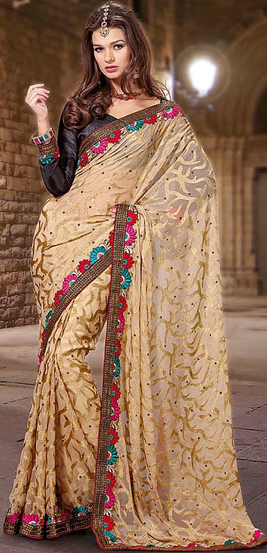 Beige Wedding Sari with Woven Jaal and Embroidered Patch Flowers