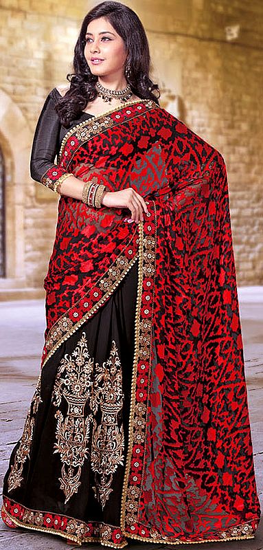 Red and Black Designer Sari with Weave on Anchal and Large Embroidered Bootis and Front