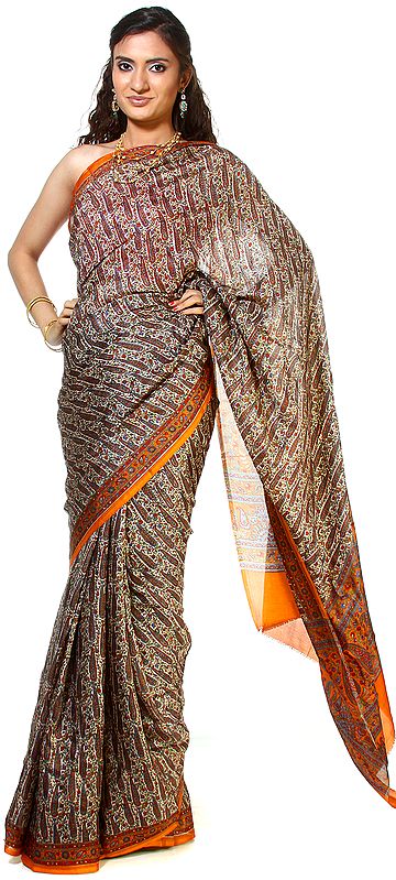 Beige Suryani Sari from Mysore with Printed Paisleys