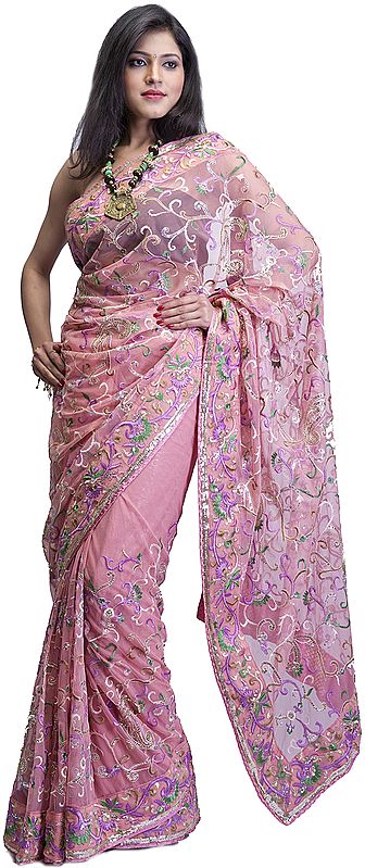 Rosette-Pink Bridal Sari with All-Over Aari Embroidery