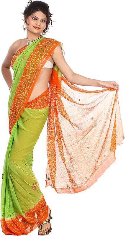 Light-Green and Orange Bandhani Tie-Dye Sari from Gujarat with Embroidered Sequins