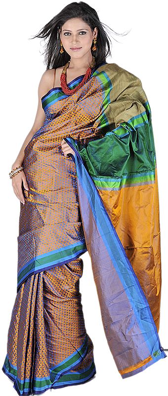 Mustard Banarasi Sari With All Over Woven Triangles And Brocaded Aanchal