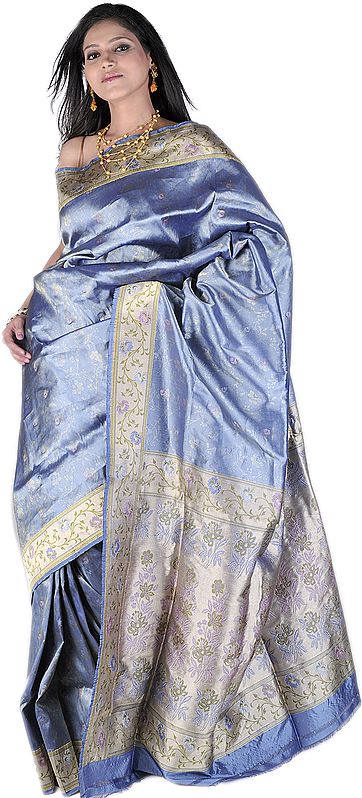 Forever-Blue Banarasi Sari with All-Over Floral Weave by Hand and Meenakari Anchal