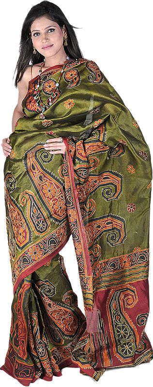 Avocado-Green and Red Sari from Kolkatta with Metallic Thread Embroidered Giant Paisleys