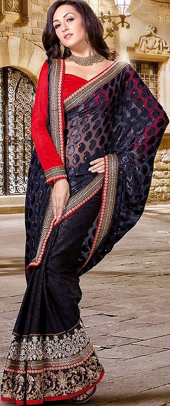 Black Designer Sari with Sequins and Embroidered Patch Border