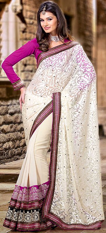 Ivory Wedding Sari with Embroidered Sequins and Fuchsia Blouse