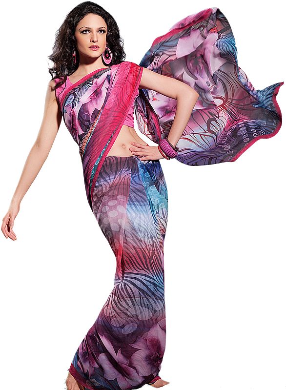 Purple and Red Designer Sari with Large Printed Flowers